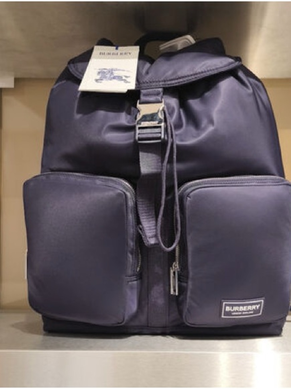 Burberry Navy Blue Nylon Backpack with Front Pockets